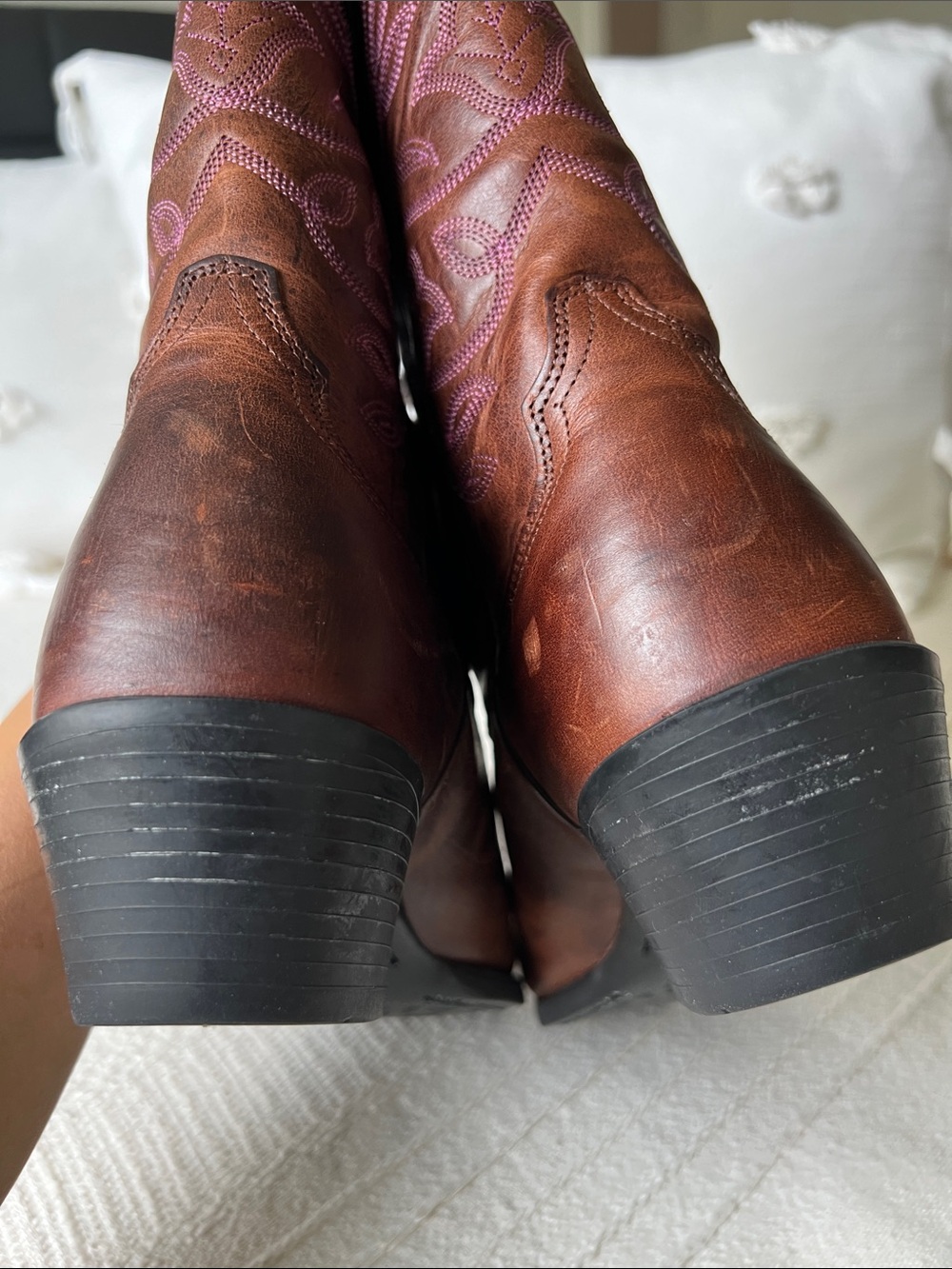 Ariat Brown Leather Western Heeled Boots with Pink Stitching - Picture 8 of 12